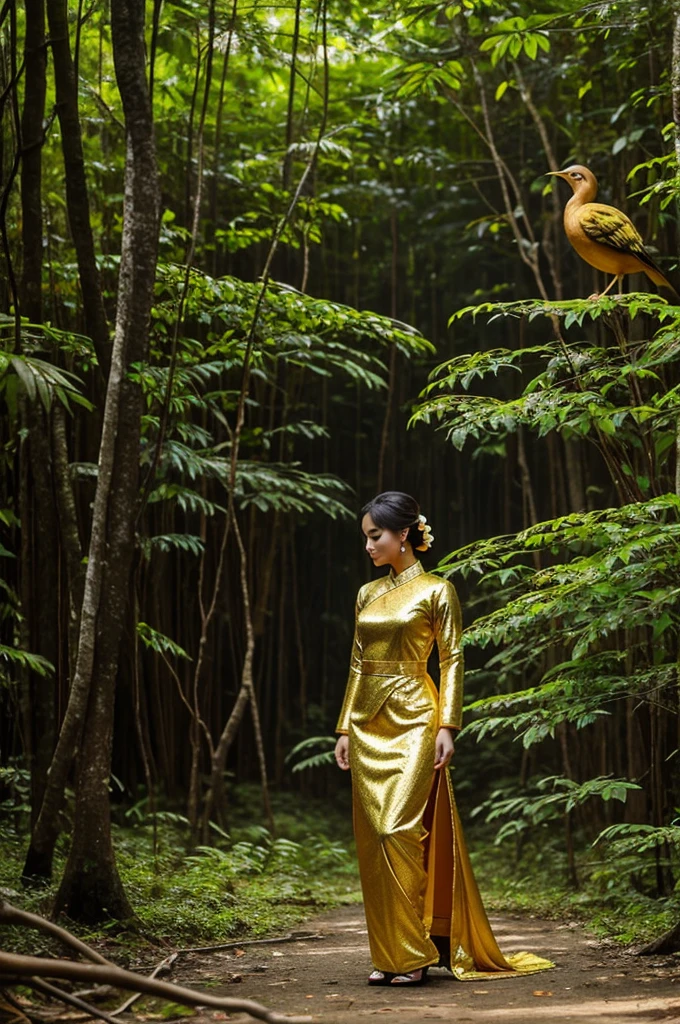 Beautiful woman dressed in Thai dress, golden dress resembling a bird in the Hin Maphan forest.