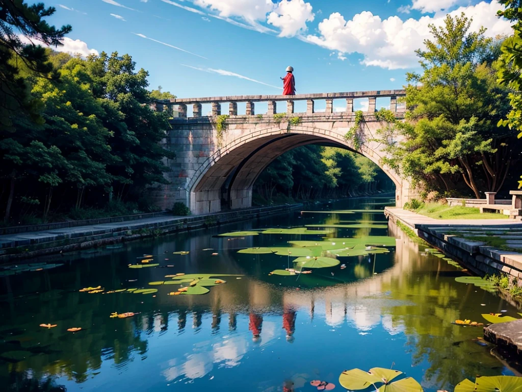 (8K resolution)A man stands on the bridge,远处是连绵的Mountains和夕阳。Sky被染成了红色,The clouds are also reflected in a particularly gorgeous way。
Sky:Above is a vast skyline that fades from orange to pink.。
Mountains:Several mountains can be seen on the right side of the picture,It looks spectacular in the sunset;
lake/river:In the foreground there is a winding river running through the entire scene.,And it is surrounded by aquatic plants such as lotus leaves.;
Trees:There are two tall trees standing on the left.,One is close to the river and the other is further away.;
building(bridge):The arched stone road across the stream in the middle is what we often call a "single-plank bridge",It connects the two sides and facilitates people's travel;
pedestrian:The most eye-catching thing is a man in red standing on the bridge head admiring the beautiful view - he has his back to the camera and is looking into the distance, as if he is waiting for something or thinking about something....