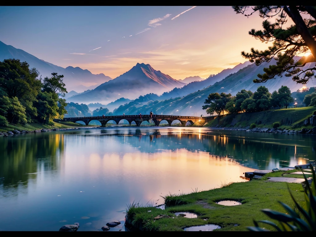 （8K resolution）A man stands on the bridge，远处是连绵的Mountains和夕阳。Sky被染成了红色，The clouds are also reflected in a particularly gorgeous way。
Sky：Above is a vast skyline that fades from orange to pink.。
Mountains：Several mountains can be seen on the right side of the picture，It looks spectacular in the sunset；
lake/river：In the foreground there is a winding river running through the entire scene.，And it is surrounded by aquatic plants such as lotus leaves.；
Trees：There are two tall trees standing on the left.，One is close to the river and the other is further away.；
building（bridge）：The arched stone road across the stream in the middle is what we often call a &quot;single-plank bridge&quot;，It connects the two sides and facilitates people&#39;s travel；
pedestrian：The most eye-catching thing is a man in red standing on the bridge head admiring the beautiful view - he has his back to the camera and is looking into the distance, as if he is waiting for something or thinking about something....