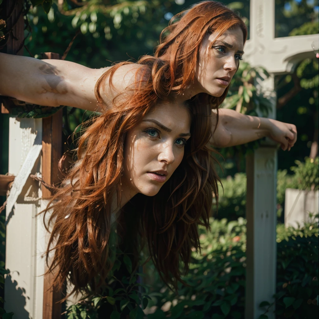 a beautiful woman with long orange hair crucified, highly detailed, masterpiece, (best quality,4k,8k,highres,masterpiece:1.2),ultra-detailed,(realistic,photorealistic,photo-realistic:1.37),portrait, cinematic lighting, dramatic shadows, intense colors, hyper-realistic, digital art