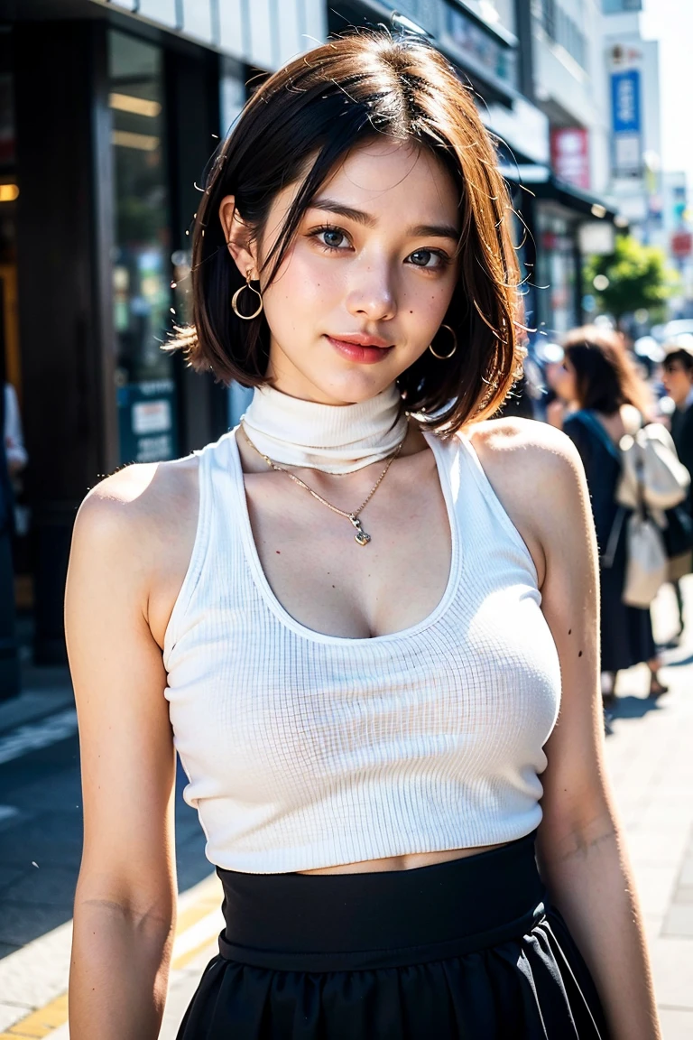 best quality, Ultra high resolution, (realistic:1.4), 1 girl, White shirt with shoulder straps, black tight skirt, black choker, (Gray hair fades:1), (big breasts:1.2), look at viewer, close up ,having sex