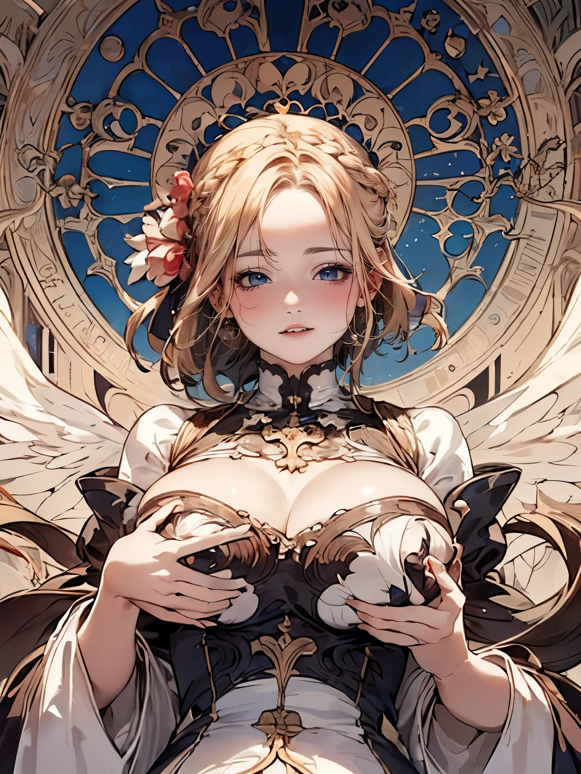 (only one woman), angle from below, (mechanical, complex), ((Art Nouveau, round face, smiling, she is touching breasts with overflowing from clothes by herself , ecstasy)), drooping eyes, blush, blond, braid,