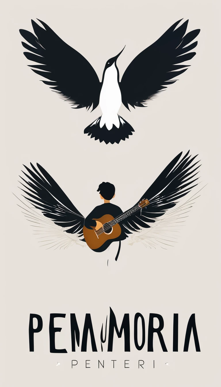 A minimal, modern, simple, cinematic, minimalistic logo design for the brand “Penamemoria". The logo design must be a simple, magical feather and a boy running and holding an acoustic guitar. The logo must convey a sense of music, stories and dreams. Logo design impressed on a book cover. Minimalistic logo