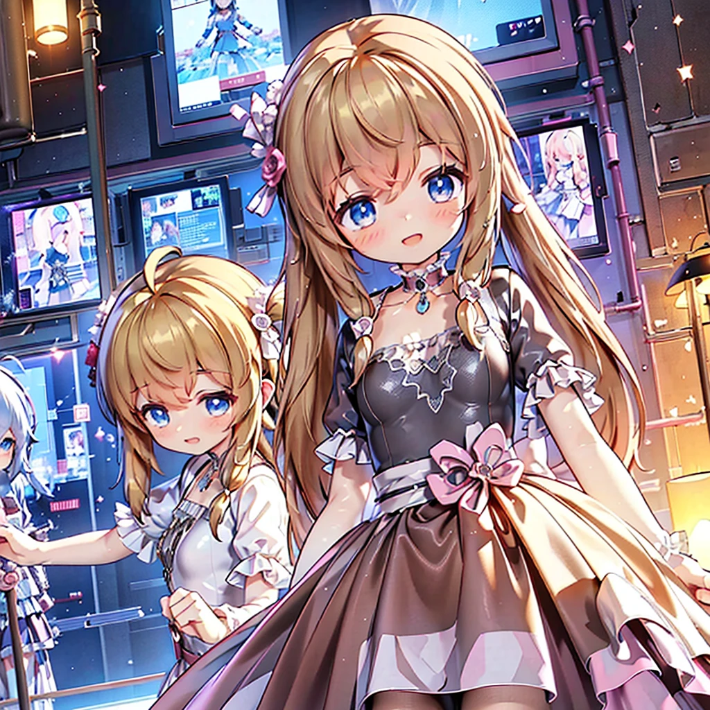 masterpiece, best quality, CG wallpaper, 8k, girl, solo,  cute, petite, Blue eyes, brown twintail, (yellow dress), open mouth smile, look away, dynamic angle, glitch, neon and led lights, side view
