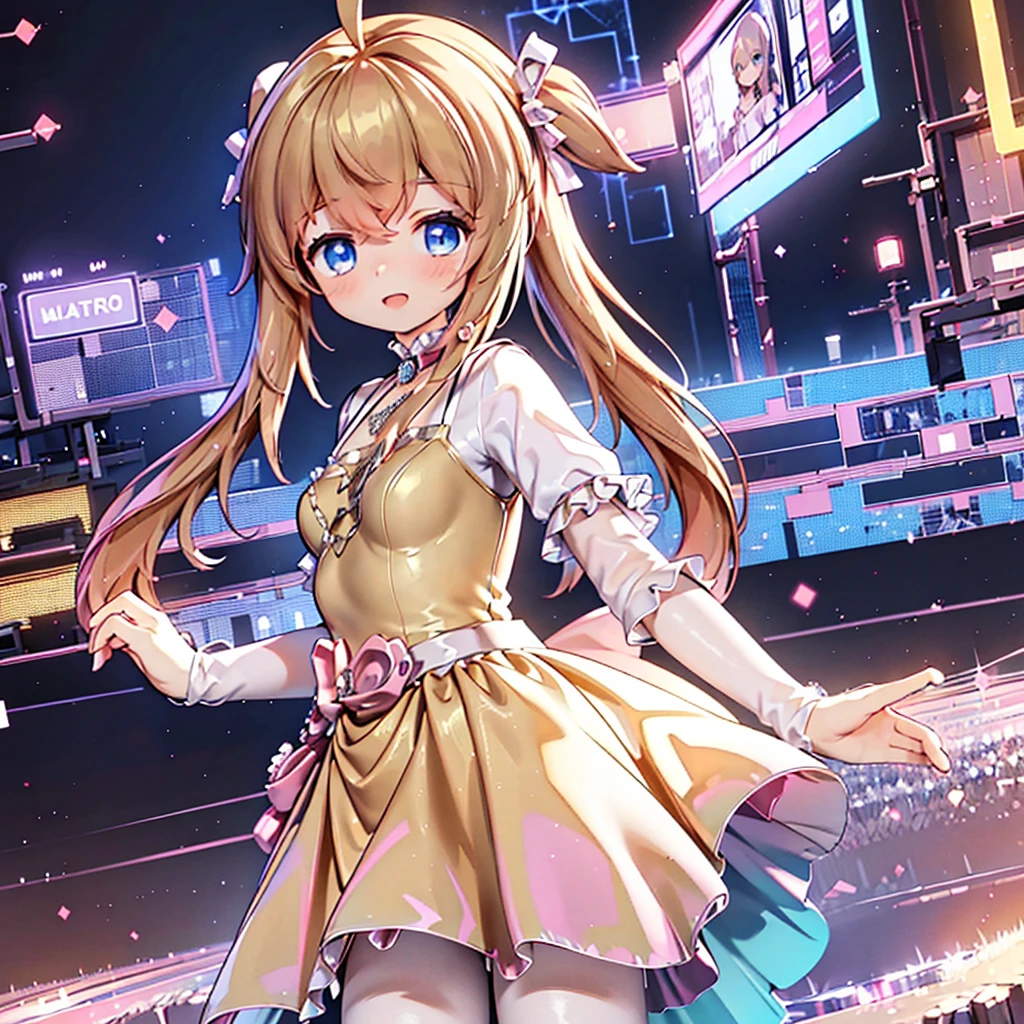 masterpiece, best quality, CG wallpaper, 8k, girl, solo,  cute, petite, Blue eyes, brown twintail, (yellow dress), open mouth smile, look away, dynamic angle, glitch, neon and led lights, side view
