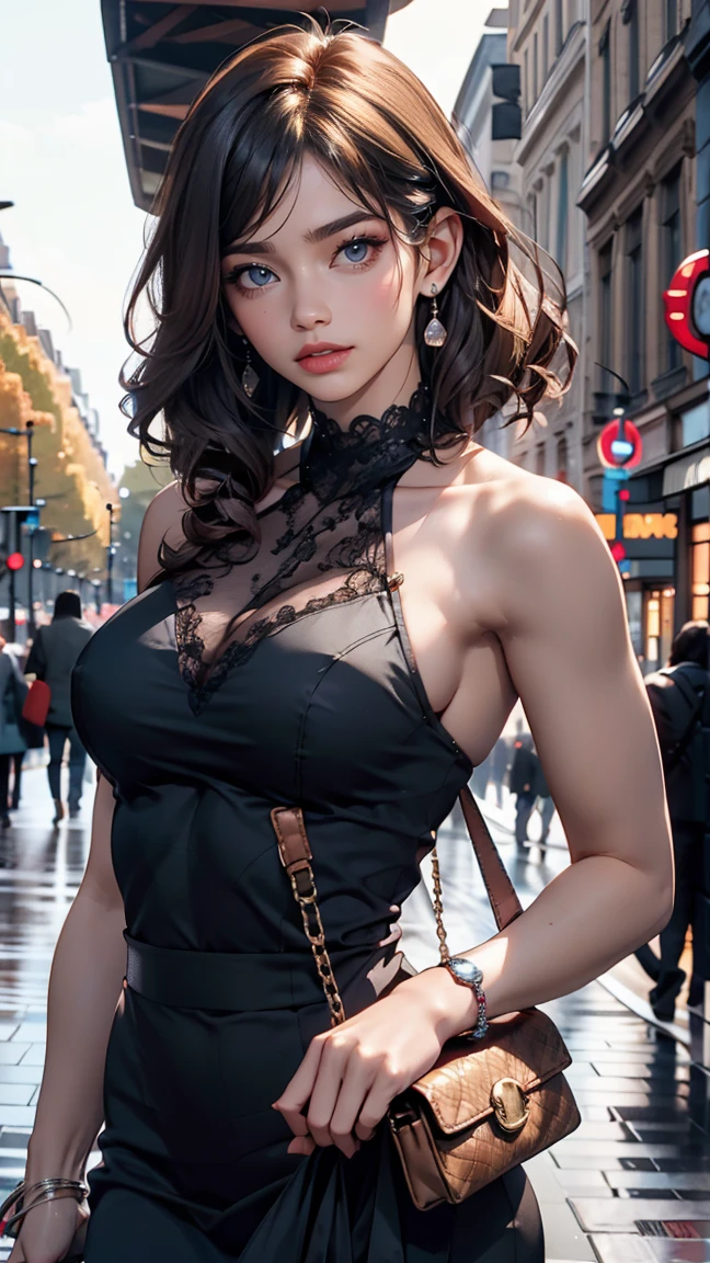 24 year old Caucasian female、Sheer high-neck halter neck with lace trim((high neck halter neck))Summer dress、Accessories on your wrist、Double vertical roll with ribbon decoration((twin drills))、Hair that hides one eye((hair over one eye))、Sexy、Sexy proportions、Narrow waist、Thin limbs、slender、Toned body、Champs-Élysées((Champs-Élysées))background、Stiletto heels、Handbag shoulder bag、smile