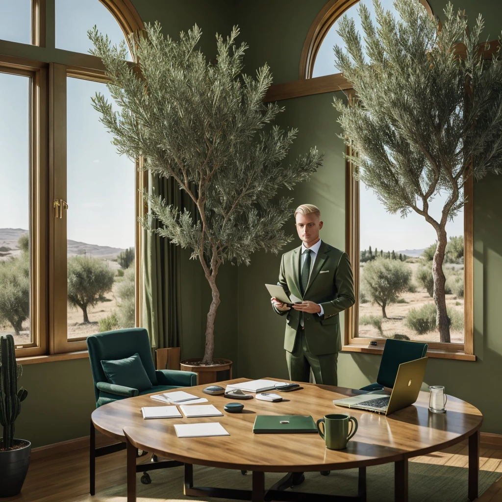 Shaved blonde man with blue eyes doing video conference in olive green suit with a laptop in a classic dark green living room with gold trim. He has several papers on the table with a green circle. Through the window you can see a field of olive trees with people working. 