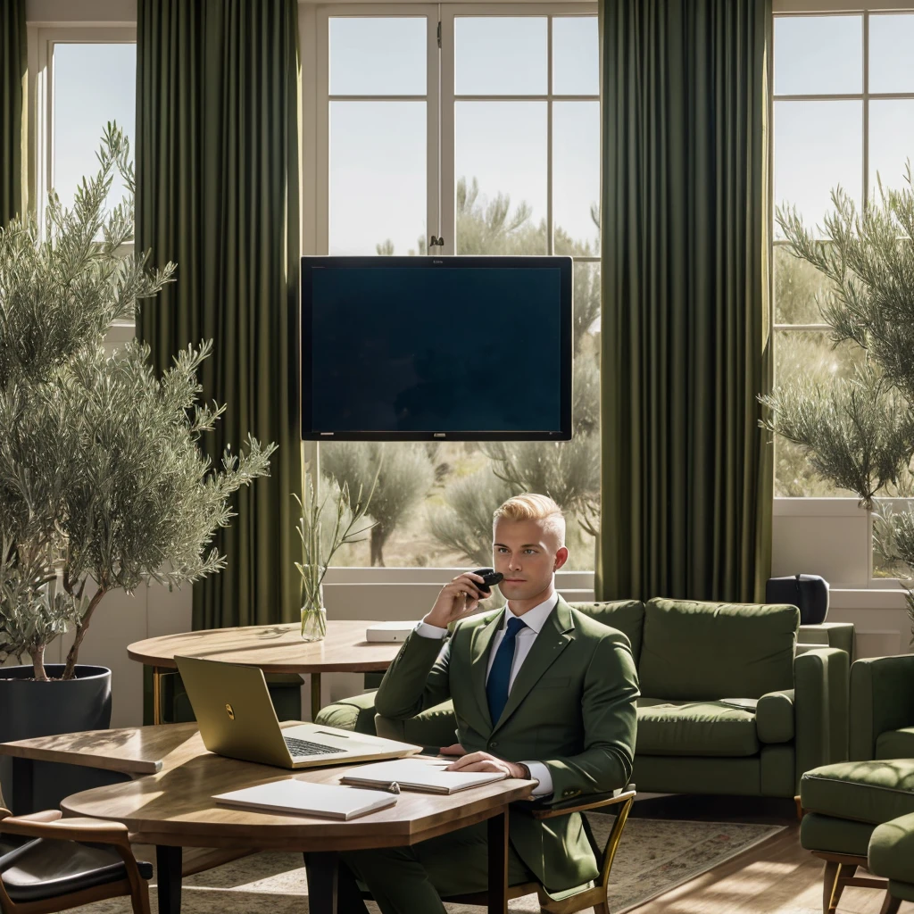 Shaved blonde man with blue eyes doing video conference in olive green suit with a laptop in a classic dark green living room with gold trim. He has several papers on the table with a green circle. Through the window you can see a field of olive trees with people working. 