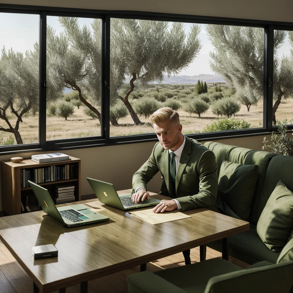 Shaved blonde man with blue eyes doing video conference in olive green suit with a laptop in a classic dark green living room with gold trim. He has several papers on the table with a green circle. Through the window you can see a field of olive trees with people working.