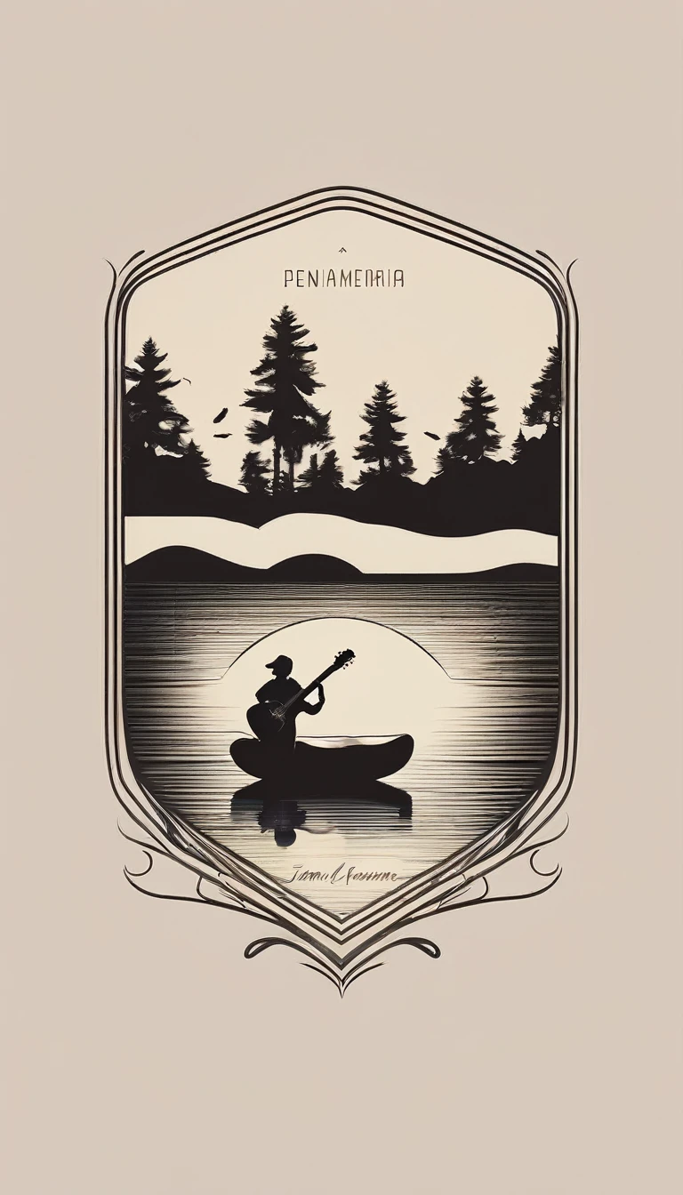 A minimal, modern, simple, cinematic logo design for the storyteller brand “Penamemoria". Create a modern, minimalistic, high-quality, logo of a feather-boy playing acoustic guitar. Make the logo fantastic, unique, modern, simple, minimalistic, dreamy, memorable, nosthalgic, storyteller.
