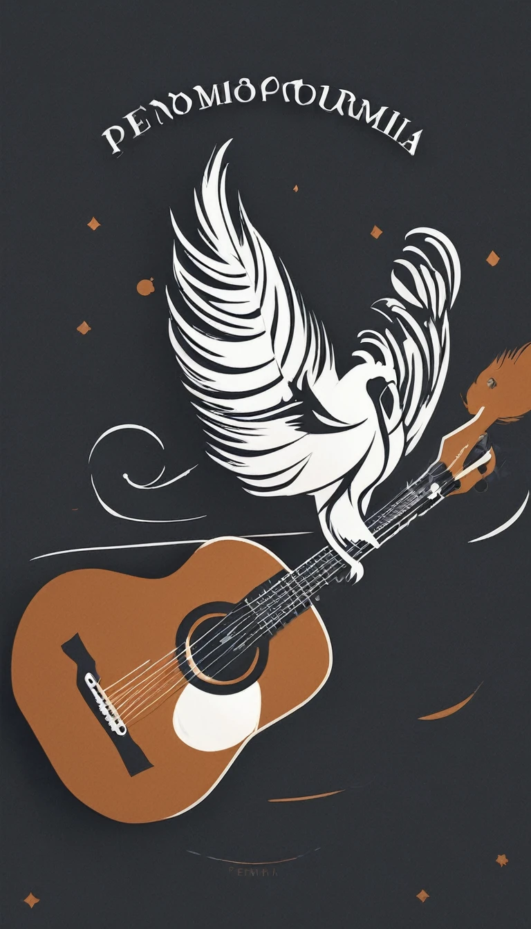 A minimal, modern, simple, cinematic logo design for the storyteller brand “Penamemoria". Create a modern, minimalistic, high-quality, logo of a feather-boy playing acoustic guitar. Make the logo fantastic, unique, modern, simple, minimalistic, dreamy, memorable, nosthalgic, storyteller.