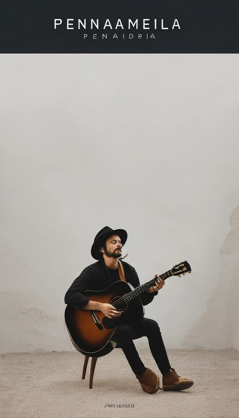 A minimal, modern, simple, cinematic logo design for the storyteller brand “Penamemoria". Create a modern, minimalistic, high-quality, logo of a feather-boy playing acoustic guitar. Make the logo fantastic, unique, modern, simple, minimalistic, dreamy, memorable, nosthalgic, storyteller.