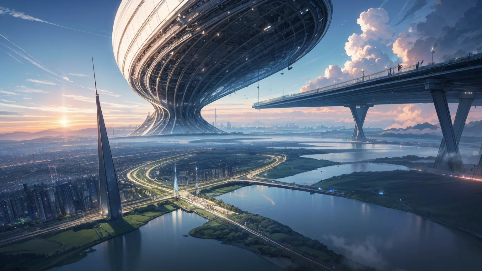 (Best quality,4K,8K,A high resolution,Masterpiece:1.2),Ultra-detailed,(Realistic,Photorealistic,photo-realistic:1.37),Futuristic floating city,Futuristic technology,Huge urban high-tech tablet platform,Airship,Floating in the sky,Futuristic city,Small airships around,High-tech hemispherical platform,Colorful lights,Advanced architecture,modernn architecture,skyscrapper,Access the cloud,Scenic beauty,view over city,Impressive design,Blend seamlessly with nature,energetic and vibrant atmosphere,Futuristic transportation system,Parking is suspended,Transparent path,Lush greenery,Sky gardens,cascading waterfalls,Magnificent skyline,reflections on the water,Sparkling river,Architectural innovation,futuristic skyscrapers,Transparent dome,The shape of the building is unusual,Elevated walkway,Impressive skyline,Glowing lights,Futuristic technology,Minimalist design,Scenic spots,Panoramic view,Cloud Piercing Tower,Vibrant colors,epic sunrise,epic sunset,Dazzling light display,magical ambiance,The future city,Urban Utopia,LuxuryLifestyle,Innovative energy,sustainable development,Smart city technology,Advanced infrastructure,Tranquil atmosphere,Nature and technology live in harmony,Awesome cityscape,Unprecedented urban planning,Architecture connects seamlessly with nature,High-tech metropolis,A cutting-edge engineering marvel,The future of urban living,Visionary architectural concept,Energy-efficient buildings,Harmony with the environment,A city floating above the clouds,Utopian dreams become reality,The possibilities are endless,State-of-the-art transportation network,Green energy integration,Innovative materials,Impressive holographic display,Advanced communication system,Breathtaking aerial view,Quiet and peaceful environment,Modernist aesthetics,Ethereal beauty