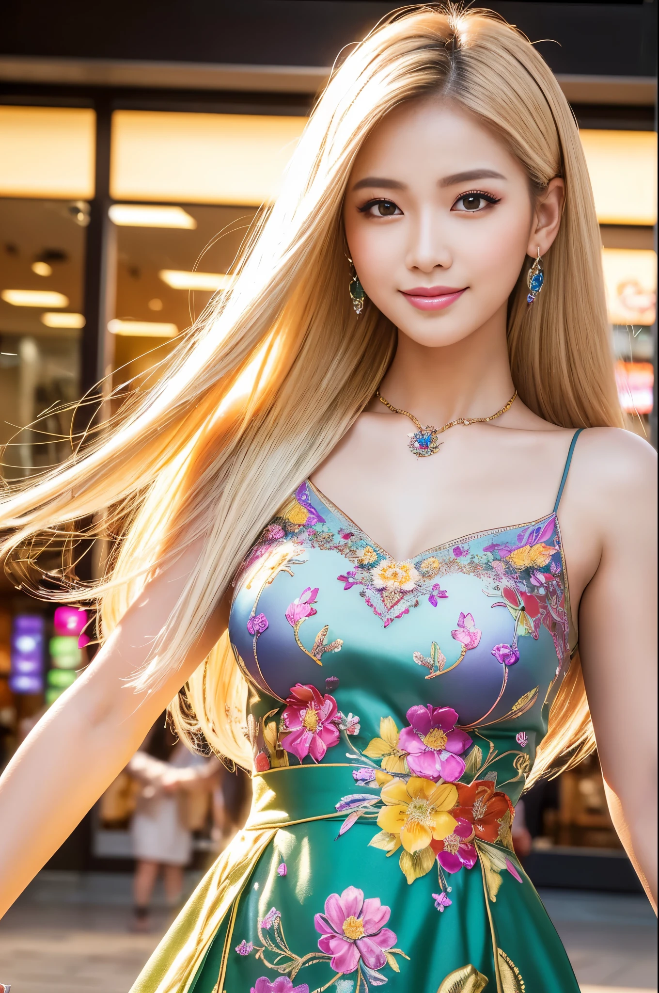 (masterpiece:1.4), (best quality:1.4), ultra high res, ultra high resolution, ((detailed facial features)), HDR, (realistic, photorealistic, photo-realistic:1.37), closeup, sexy seductive Thai woman, (seductive smile), (slim girl), long lashes, beautiful makeup, platinum blonde hair, fair skin, elegant posture, wearing large sparkling colorful jewelery, wearing a red cosplay dress with black floral embroidery, ultra detailed exotic rainbow-colored butterflies flutter around, standing in a large shopping mall, gentle sunlight shining through the shopping mall windows, casting a soft glow on her face, adding warmth to the scene, vibrant colors, capturing the essence of vibrant city life, portrait style, showcasing her natural beauty and grace in a feminine way