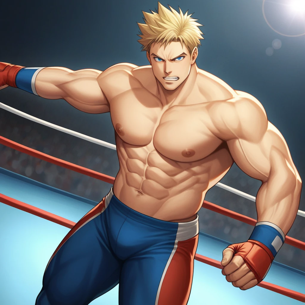 score_9, score_8_up, score_7_up, source_anime, score_6_up, score_5_up, score_4_up, BREAK 1guy, heavy weight muscular, black wrestling brief, solo, topless, blonde, fighting stance, hollywood action, masculine handsome guy, tsurime, sanpaku, blue eyes, spiked hair, nipples, abs, male high ratio body proportions, dramatic expression, dutch angle, on wrestling ring, thick waist, stocky waist, slighty chubby, muscular plump, 1990s, [[[[[cinematic shadows, cinematic lighting, lens flare, light leaks]]]]], VHS Quality