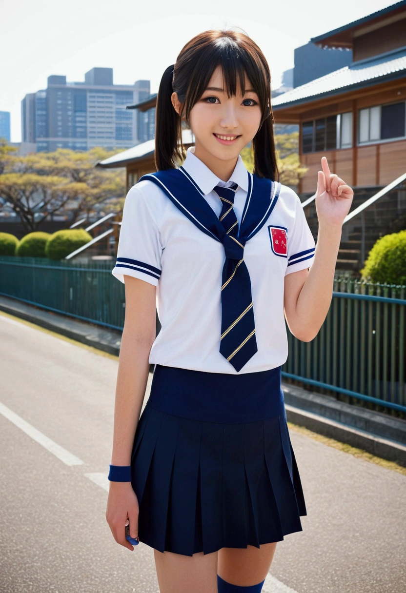 Mix 4, (16km race, Live Shooting, 日本の夏school uniform、G Cup、、Highest quality, masterpiece: 1.45), (Real, Photorealistic: 1.37), 一人のgirl, cute, Streetscape,, Professional Lighting, Photon Mapping, School classroom, Physically Based Rendering, Dark Brown Hair,Ponytail hairstyle, Beautiful, well-groomed eyes、double eyelid、girl, (((school uniform、blazer、A short-sleeved shirt worn by Japanese high school girls、Ribbon tie、Navy blue mini skirt,、Navy blue socks、Black Loafers))), Highest quality photos, High resolution, 1080P, (Clear Face), (Detailed face description), (Detailed hand description), (masterpiece), (Exquisite CG)、Extreme light and shadow、Disheveled Hair、Masterwork、Rich details、(Fine facial features)、(Highest quality photos)、(Masterpiece)、(Detailed eyes)、Look in front of you、Detailed clavicle、((Slender))、(((Japanese high school girls are wearing short-sleeved shirts)))、((Pure Idol))、((School gate、Schoolyard、School building in the background))、(Random perspective shots)、(((So cute)))、ear nipple ring、A big, beaming smile、Drawing the whole body from the knees、Do not draw nasolabial folds、(((Sports bags used by Japanese high school girls)))、(droops heavily:1.2)、Firm big ass、Two arms and two legs、(((from the front:0.7)))、bare hands、(((Symmetrical eyes)))、Standing pose、Place your hands on the desk