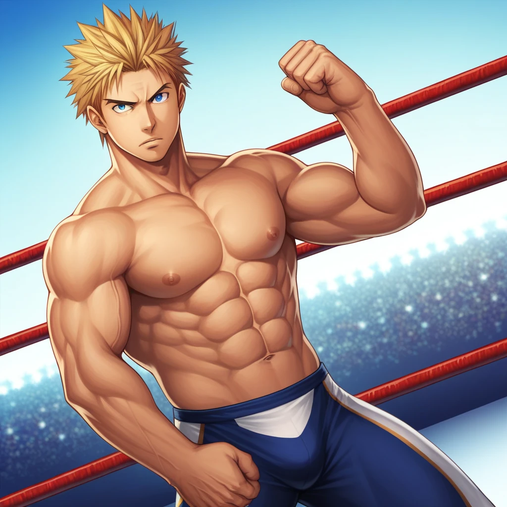 score_9, score_8_up, score_7_up, source_anime, score_6_up, score_5_up, score_4_up, BREAK 1guy, heavy weight muscular, black wrestling brief, solo, topless, blonde, fighting stance, hollywood action, masculine handsome guy, tsurime, sanpaku, blue eyes, spiked hair, nipples, abs, male high ratio body proportions, dramatic expression, dutch angle, on wrestling ring, stocky waist, muscular plump, 1990s, [[[[[cinematic shadows, cinematic lighting, lens flare, light leaks]]]]], VHS Quality