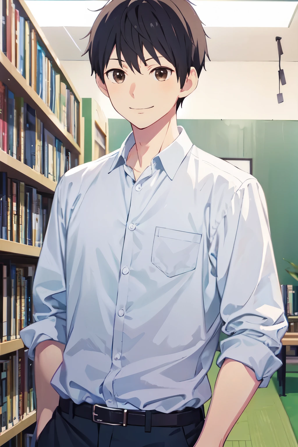 masterpiece, Highest quality, figure, One boy, smile,alone, Male Focus, front, ,Kazuomi_dry, Black Hair, Brown eyes, smile, White shirt,