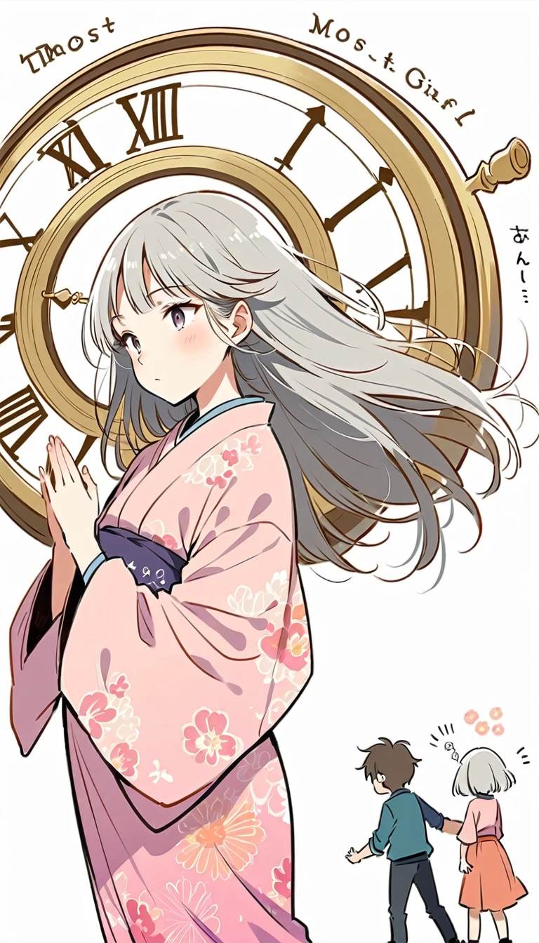 white background, Fujichoco style, pink kimono, (((The Most Beautiful Girl))),  gray hair, ((giant clock)), simple background, Simple line initialism, 