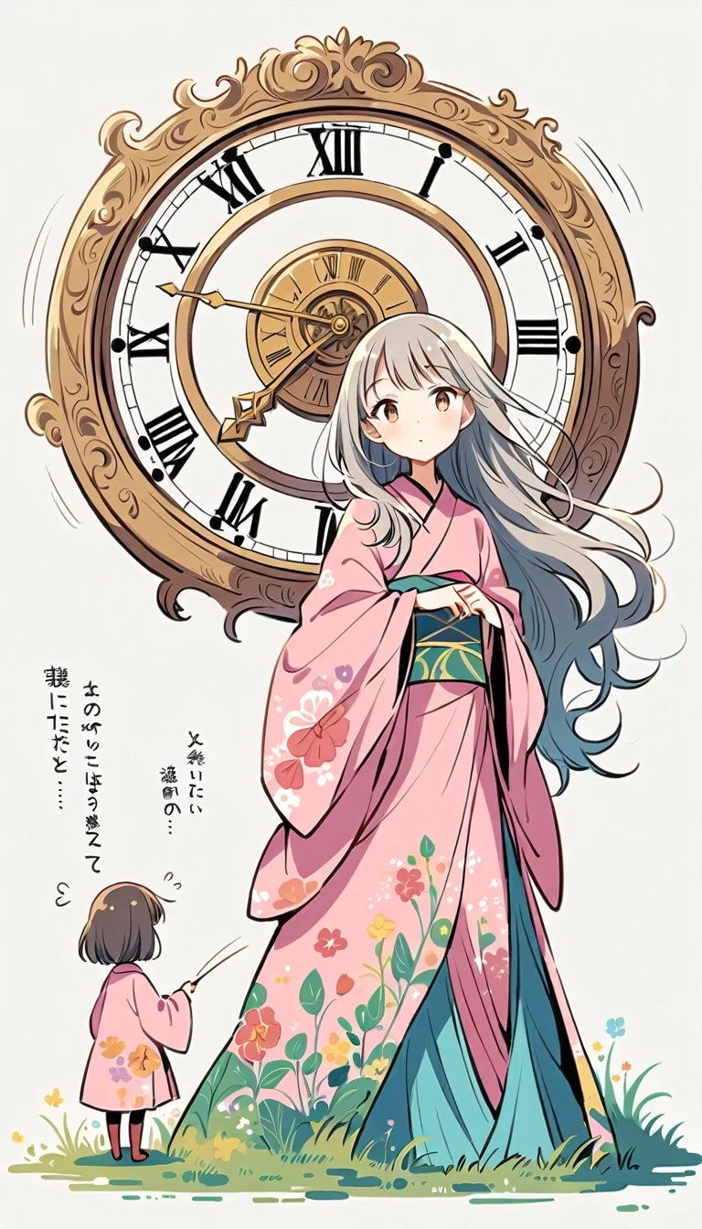 white background, Fujichoco style, pink kimono, (((The Most Beautiful Girl))),  gray hair, ((giant clock)), simple background, Simple line initialism, 