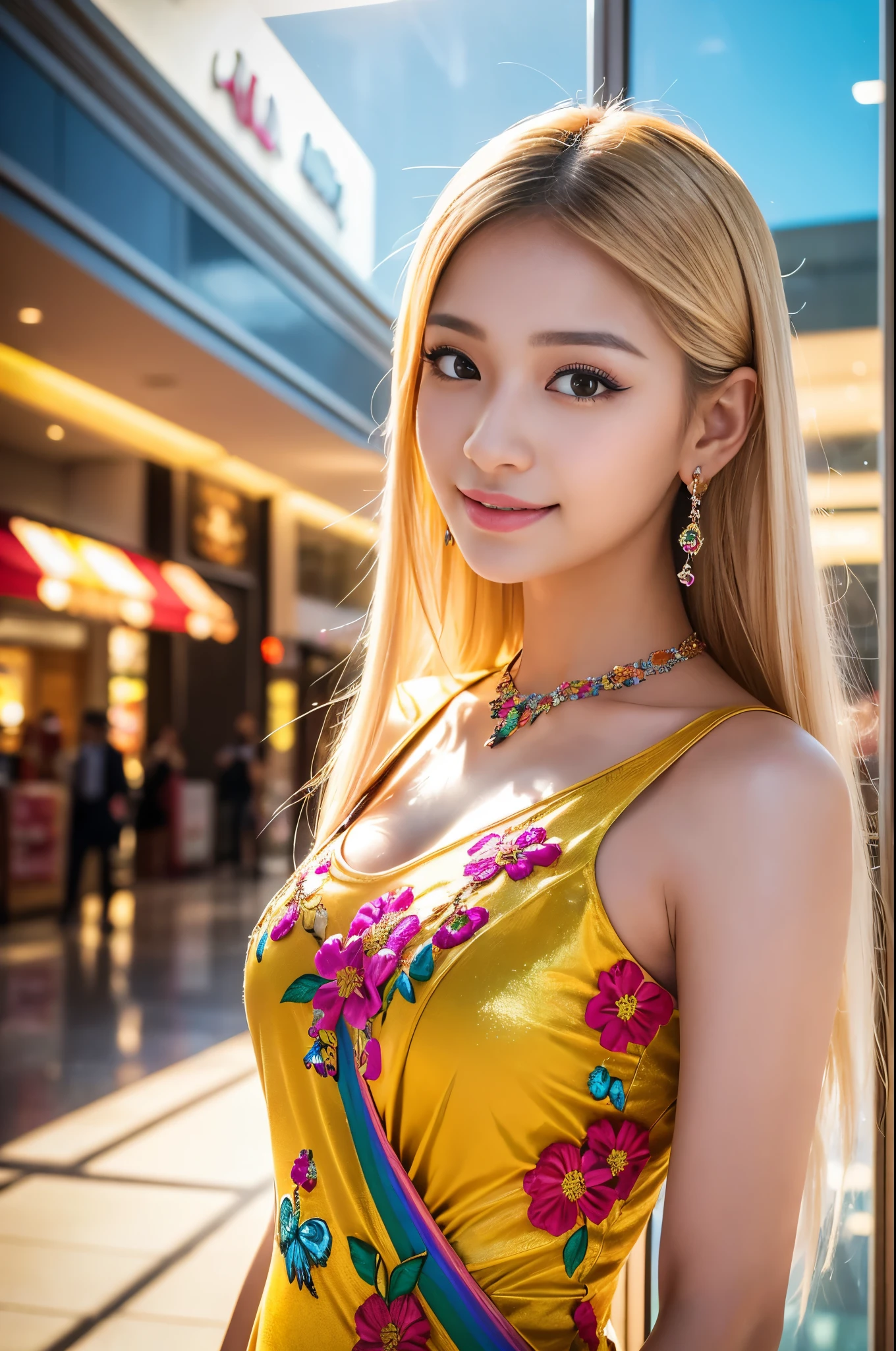 (masterpiece:1.4), (best quality:1.4), ultra high res, ultra high resolution, ((detailed facial features)), HDR, (realistic, photorealistic, photo-realistic:1.37), closeup, sexy seductive Thai woman, (seductive smile), (slim girl), long lashes, beautiful makeup, platinum blonde hair, fair skin, elegant posture, wearing large sparkling colorful jewelery, wearing a red cosplay dress with black floral embroidery, ultra detailed exotic rainbow-colored butterflies flutter around, standing in a large shopping mall, gentle sunlight shining through the shopping mall windows, casting a soft glow on her face, adding warmth to the scene, vibrant colors, capturing the essence of vibrant city life, portrait style, showcasing her natural beauty and grace in a feminine way