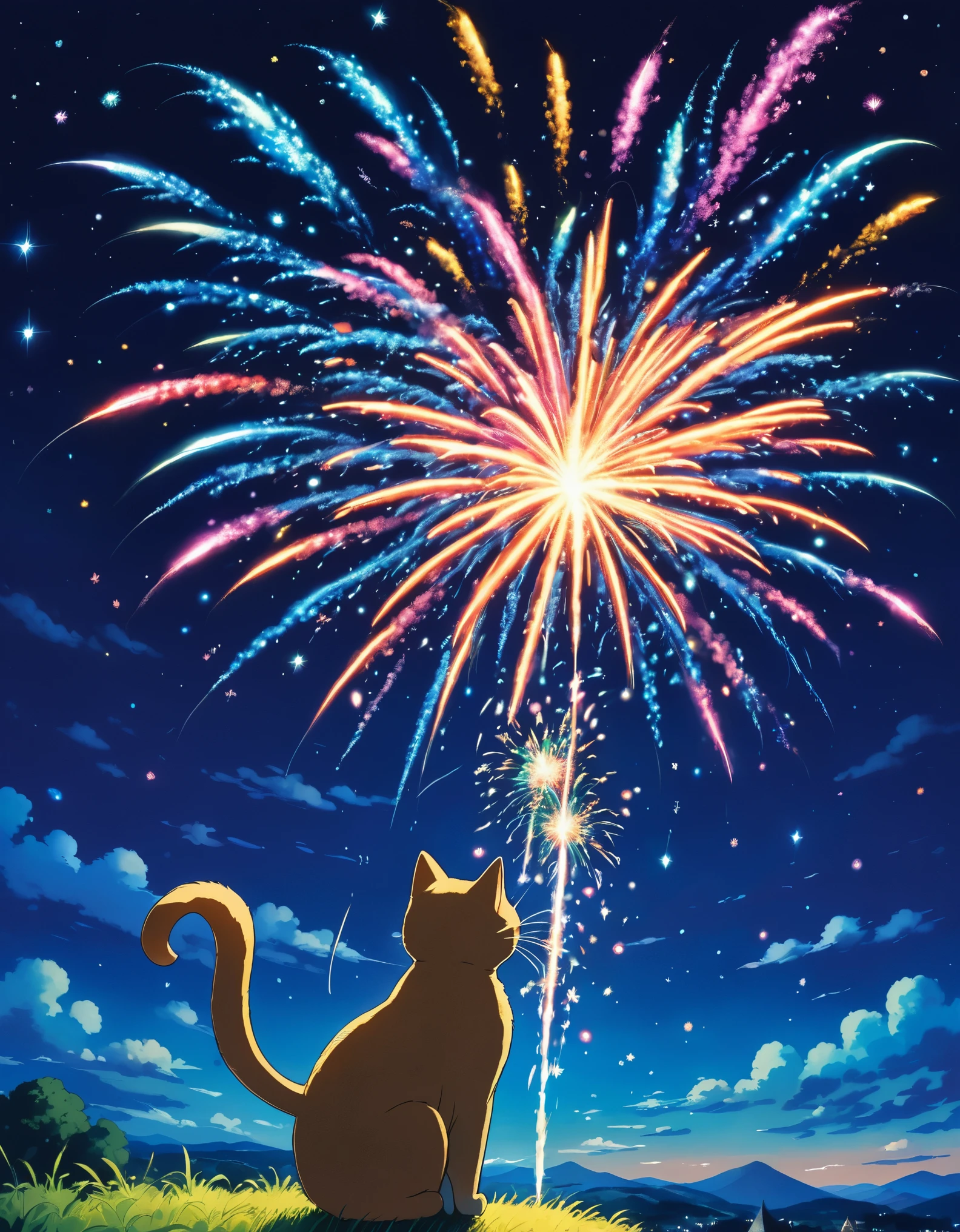 Ghibli Floating in the sky Cat firework The night sky is deep blue、Countless twinkling stars々is sprinkled with. 色とりどりのfireworkが打ち上がる, The glowing lines create a spectacular scene in the countryside..