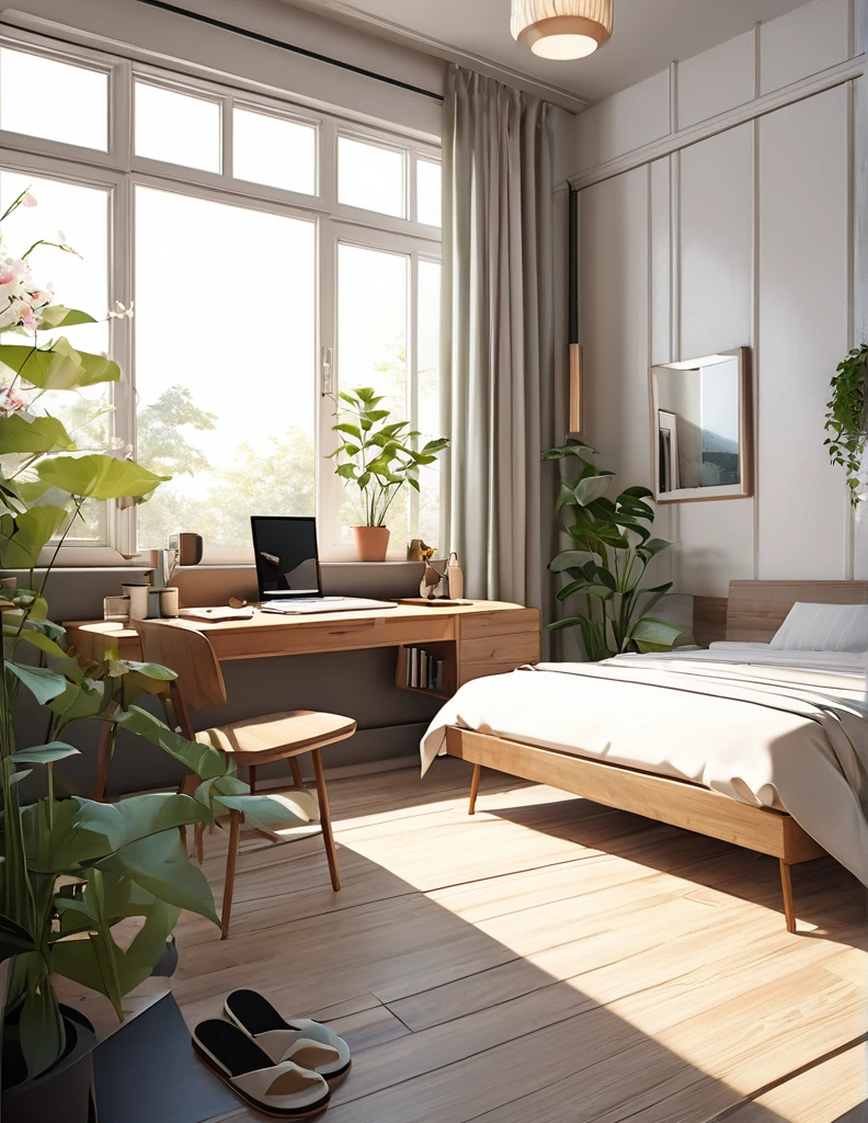 Cartoon illustration,Line Illustration,Side view,in a bedroom,A girl sleeping in bed listening to music,Fluttering sheets,There is coffee on the table next to it.、Surrounded by books, flowers and green plants, C4D,OC Rendering,Realistic details,Ultra HD,8k,Perfect composition,Wall lamp,desk,Make-up mirror,Cartoon slippers,Vertical lamp,Floor-to-ceiling large windows,Romantic and warm picture,Hayao Miyazaki's healing style