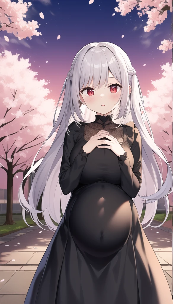 masterpiece, best quality, complex, Long hair, Silver Hair, Red Eyes, skirt, Ruffles, Gothic, Put your hands behind your back, 
outdoor, Cherry blossoms, Depth of Field,Pregnant