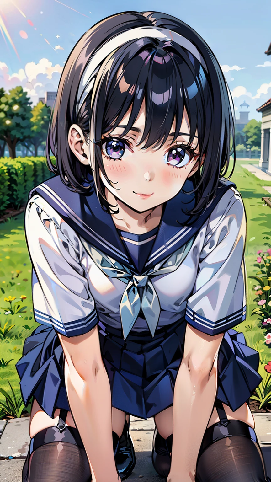 sailor uniform, One Woman, (A beauty woman, Delicate high school girl:1.3), 8K, highest quality, masterpiece, Very detailed, Ultra-high resolution, Realistic, RAW Photos, Absolute Resolution, Black Hair, Bobcut, Small face compared to body, Very small face, Black Hair, (Navy blue sailor uniform:1.3), (Navy Blue Skirt:1.3), High school girl in sailor suit, 2D Rendering of Anime, (White headband:1.3), Small breasts, tall, Slanted Eyes, Purple Eyes, Black Stockings, garter belt, Embarrassed smile, garden, (Thinking pose:1.3), (Top-down position:1.3), blurry background,