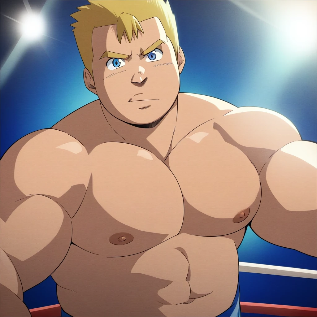 1guy, heavy weight muscular, blonde, masculine handsome guy, tsurime, sanpaku, blue eyes, spiked hair, BREAK male high ratio body proportions, stocky waist, muscular plump, BREAK solo, topless, black wrestling bikini, nipples, abs, fighting stance, hollywood action, on wrestling ring, detailed background BREAK dramatic expression, dutch angle, 1990s, in capcom art style, cinematic shadows, cinematic lighting, lens flare, light leaks, VHS Quality