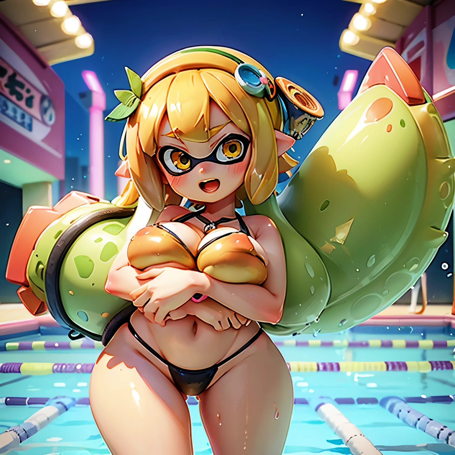 High resolution、Real Anime、3d、Studio Anime, Very detailed, Latest, Vibrant, Anime Coloring, High Contrast, masterpiece:1.5, Highest quality, Best aesthetics), Splatoon Girl、5 Girls, Hug from behind,Swimwear, gigantic breast、Thighs glimpsed,Random tentacle hair, Golden Eyes、Perfect Proportions, Skin with attention to detail, cute, Open Mouth Smile、blush、Detailed face,Pool, Accurate Fingers,Curvy,((Swimwear)) crowd,swim in the Pool