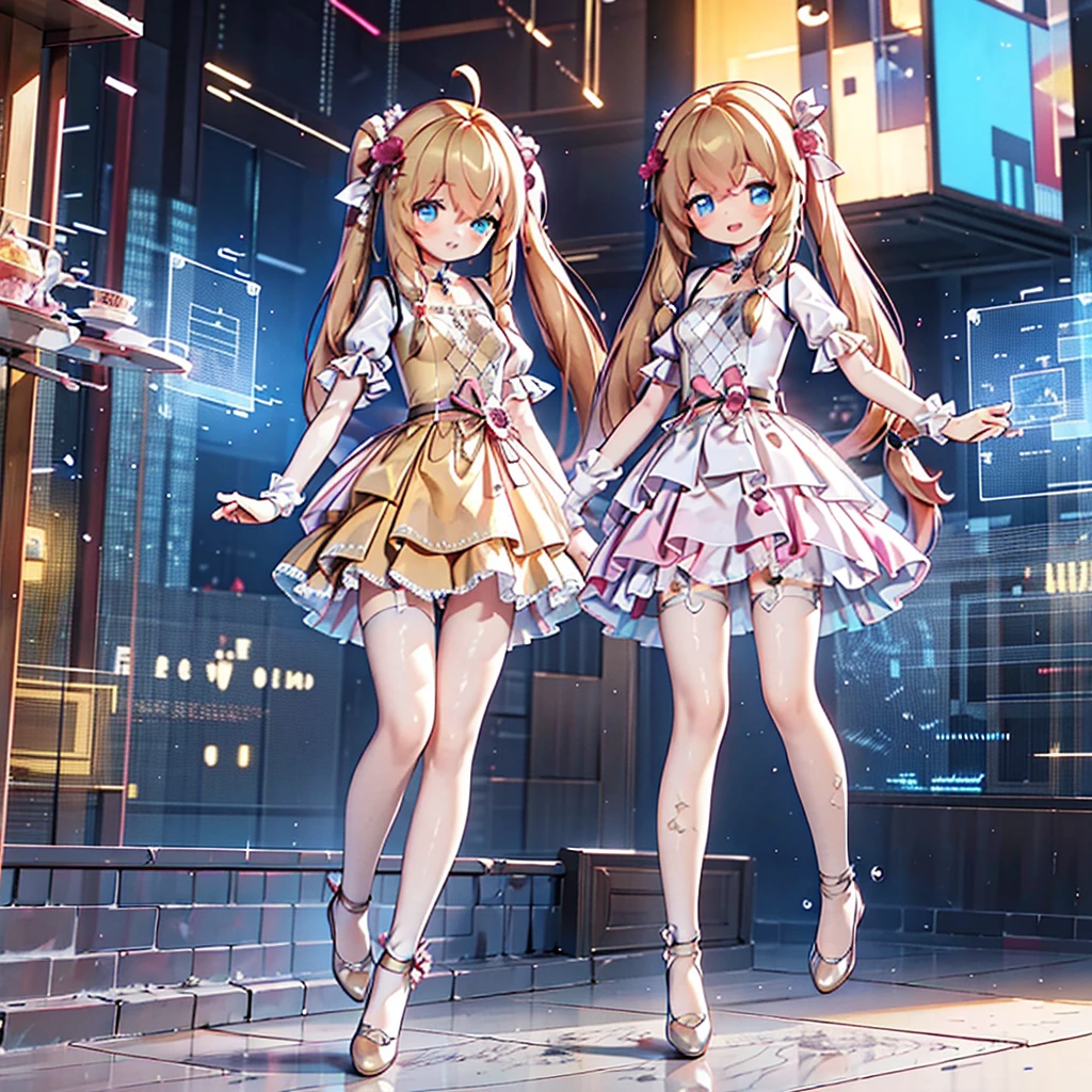 masterpiece, best quality, CG wallpaper, 8k, girl, solo,  cute, petite, Blue eyes, brown twintail, (yellow dress), open mouth smile, look away, dynamic angle, glitch, neon and led lights, front view, full body
