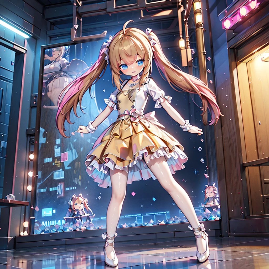 masterpiece, best quality, CG wallpaper, 8k, girl, solo,  cute, petite, Blue eyes, brown twintail, (yellow dress), open mouth smile, look away, dynamic angle, glitch, neon and led lights, front view, full body
