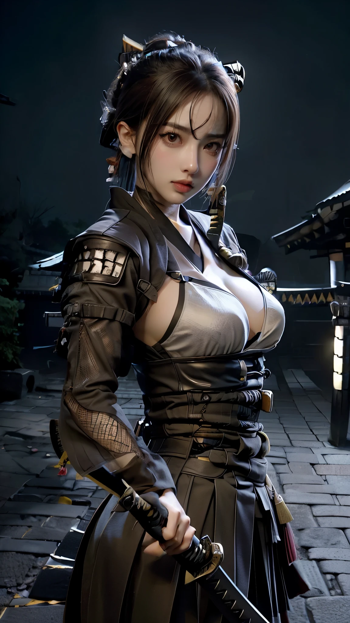 1girl,Tokyo Street,night,japanese ancient city view,facial details,city lights,half body view,cleavage,(((big breasts))),8k,RAW photo,best quality,masterpiece,realistic,photo-realistic,  best quality,masterpiece,very high resolution), 8K, 1girl, ((ninja suit)), from below, (((holding a samurai:1.5))), natural skin texture, skin pores, natural skin texture, dynamic pose  , film details ,