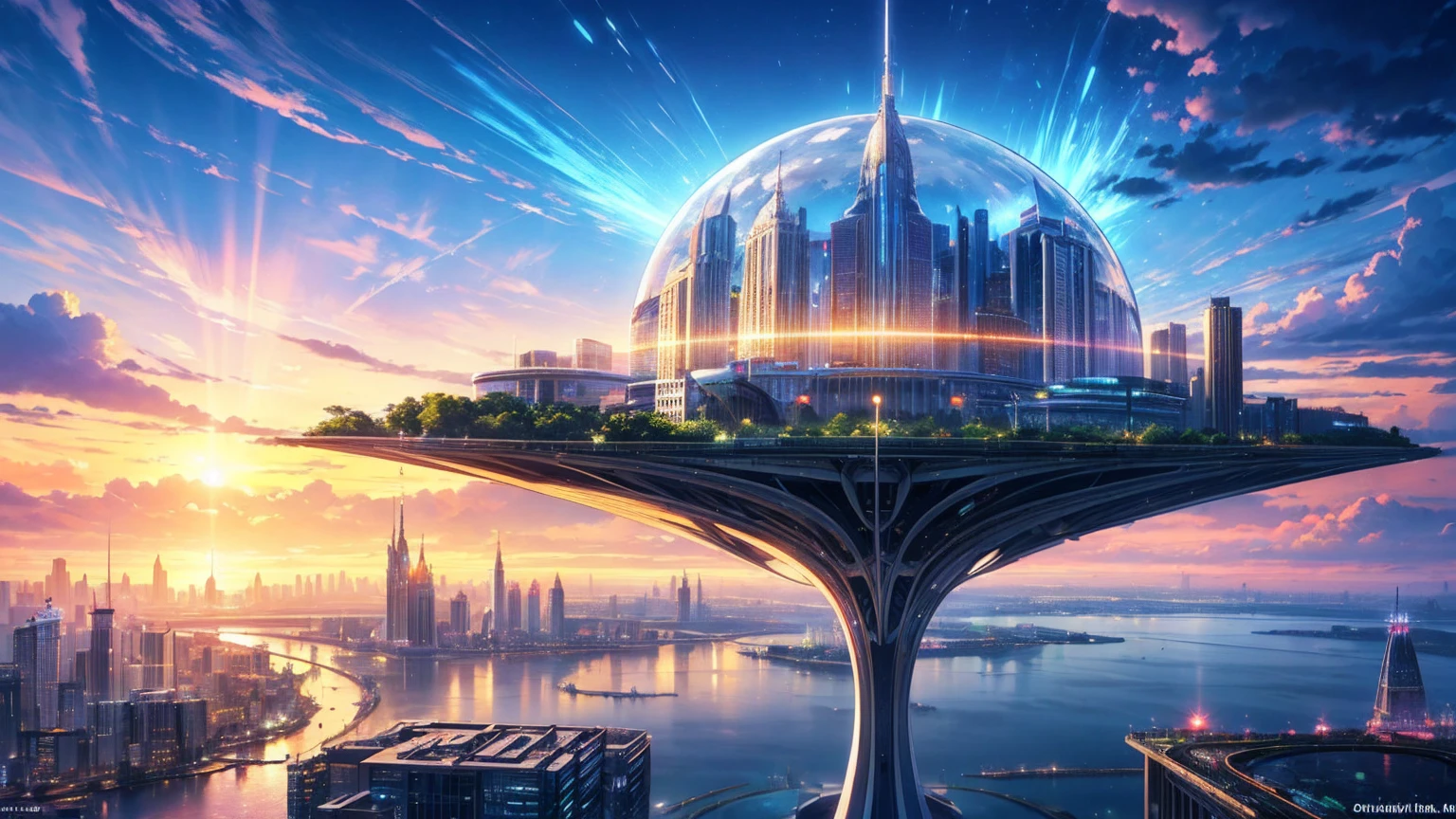 (Best quality,4K,8K,A high resolution,Masterpiece:1.2),Ultra-detailed,(Realistic,Photorealistic,photo-realistic:1.37),Futuristic floating city,Futuristic technology,Huge urban high-tech tablet platform,Airship,Floating in the sky,Futuristic city,Small airships around,High-tech hemispherical platform,Colorful lights,Advanced architecture,modernn architecture,skyscrapper,Access the cloud,Scenic beauty,view over city,Impressive design,Blend seamlessly with nature,energetic and vibrant atmosphere,Futuristic transportation system,Parking is suspended,Transparent path,Lush greenery,Sky gardens,cascading waterfalls,Magnificent skyline,reflections on the water,Sparkling river,Architectural innovation,futuristic skyscrapers,Transparent dome,The shape of the building is unusual,Elevated walkway,Impressive skyline,Glowing lights,Futuristic technology,Minimalist design,Scenic spots,Panoramic view,Cloud Piercing Tower,Vibrant colors,epic sunrise,epic sunset,Dazzling light display,magical ambiance,The future city,Urban Utopia,LuxuryLifestyle,Innovative energy,sustainable development,Smart city technology,Advanced infrastructure,Tranquil atmosphere,Nature and technology live in harmony,Awesome cityscape,Unprecedented urban planning,Architecture connects seamlessly with nature,High-tech metropolis,A cutting-edge engineering marvel,The future of urban living,Visionary architectural concept,Energy-efficient buildings,Harmony with the environment,A city floating above the clouds,Utopian dreams become reality,The possibilities are endless,State-of-the-art transportation network,Green energy integration,Innovative materials,Impressive holographic display,Advanced communication system,Breathtaking aerial view,Quiet and peaceful environment,Modernist aesthetics,Ethereal beauty