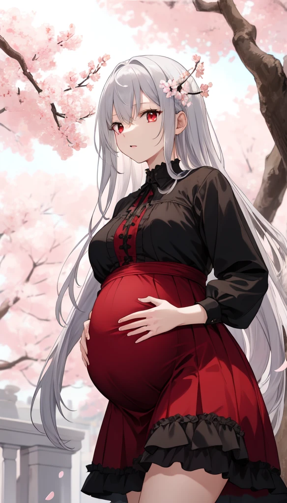 masterpiece, best quality, complex, Long hair, Silver Hair, Red Eyes, skirt, Ruffles, Gothic, Put your hands behind your back,
outdoor, Cherry blossoms, Depth of Field,Pregnant