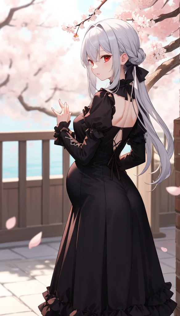 masterpiece, best quality, complex, Long hair, Silver Hair, Red Eyes, skirt, Ruffles, Gothic, Put your hands behind your back, 
outdoor, Cherry blossoms, Depth of Field,Pregnant