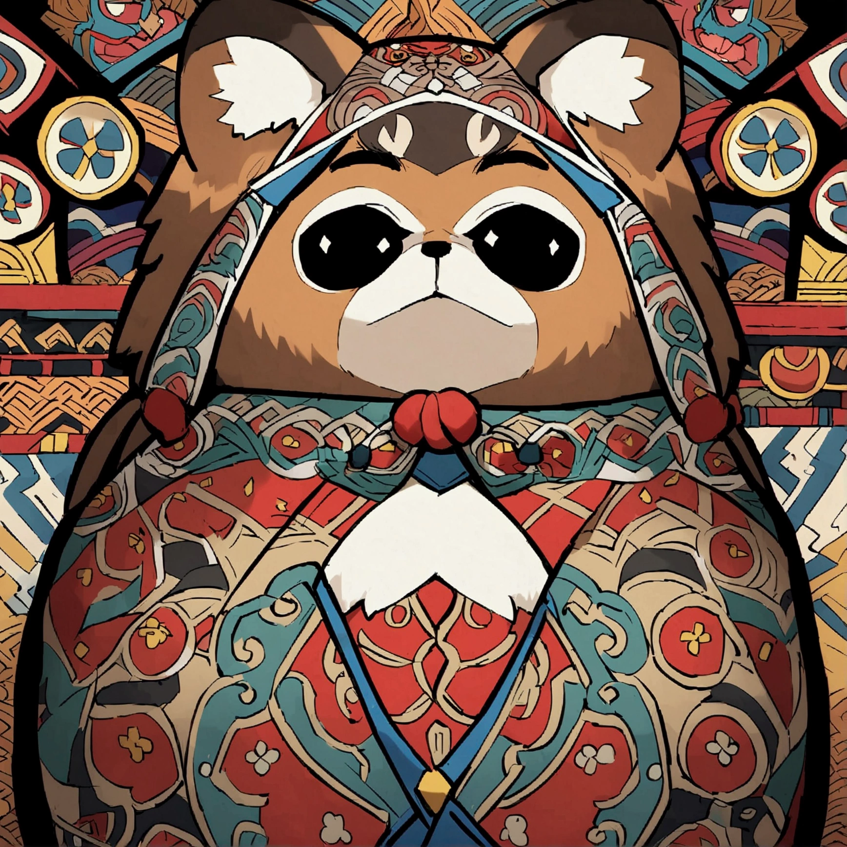 An anime-style character representing a raccoon dog with traditional Japanese motifs and patterns、Daruma