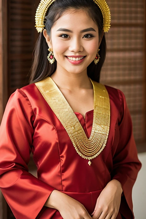 Beautiful, strong looking, wearing a red Thai literature costume, smiling, drawing