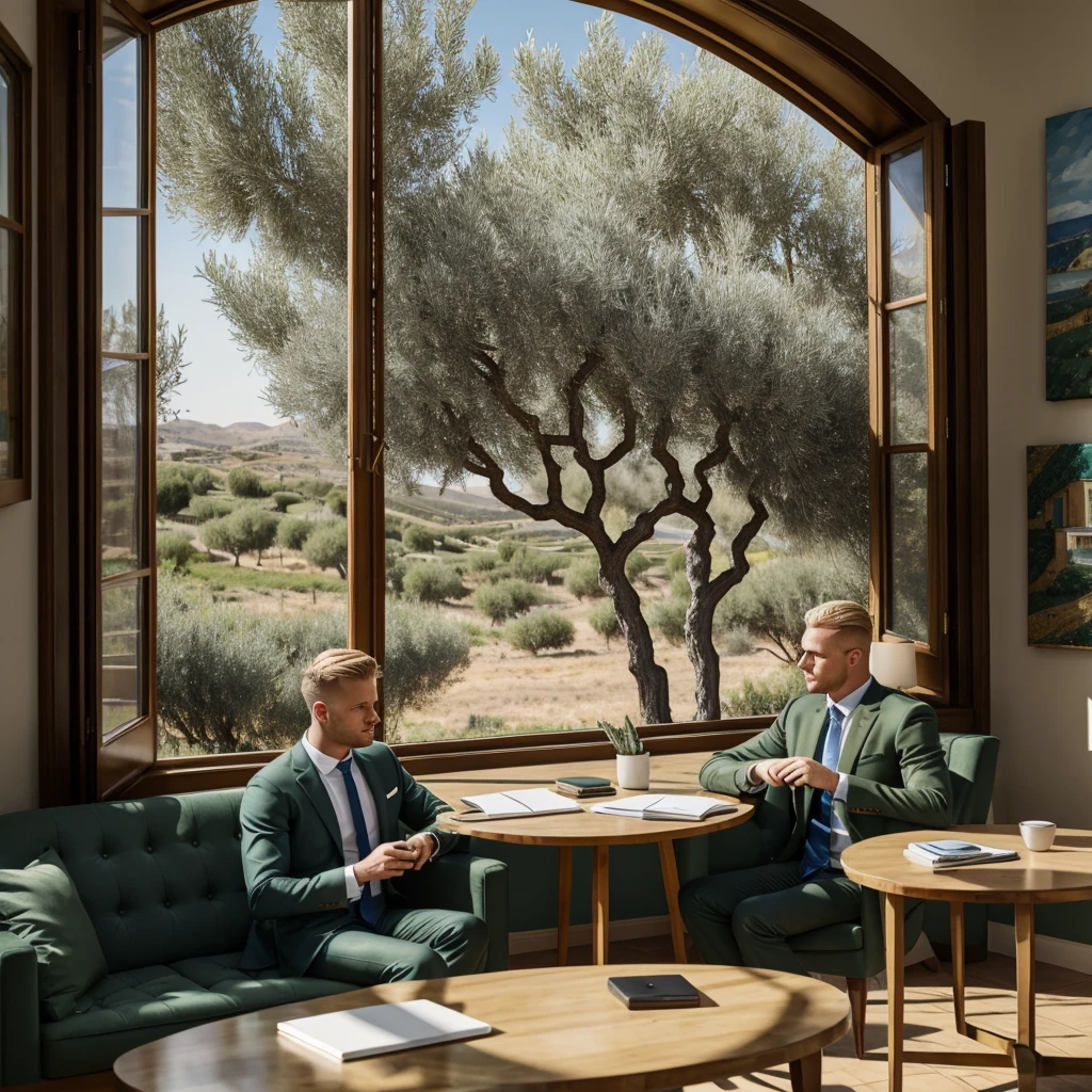 Shaved blonde man with blue eyes doing video conference in olive green suit with a laptop in a classic dark blue living room with gold trim. He has several papers on the table with a green circle. Through the window you can see a field of olive trees with people working and a small ship.. Behind him he has a painting with his son in the olive grove.. 