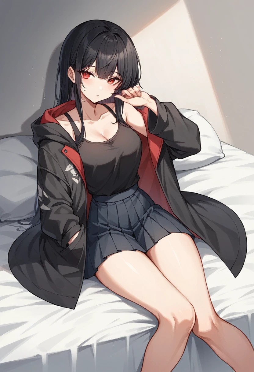 A girl with long black hair is sitting on the bed He is wearing a long coat over a plain black hoodie with a hood Red eyes She is wearing a black pleated skirt tall With bangs Beautiful face Thin legs Smooth, long, straight hair Long and narrow face With waistline A little bit of is visible Keeping your left hand in your pocket Anime Style hair longer than shoulders Crossing your legs It seems like he's been hurt Cool feeling