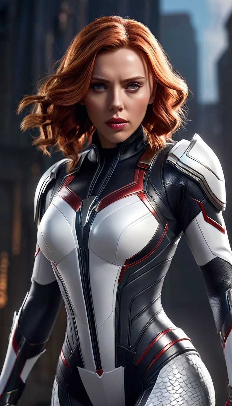 Epic characters and mesmerizing League of Legends splash art masterpieces from ArtStation、The mysterious Black Widow is featured in a trending article。In a white armored suit, her long flowing hair、The rhythmic wave patterns are carefully drawn、Gives a mysterious charm。This picture shows him in a bright white armored suit.、Proof of high-quality full-body detailing。The delicate play of light and shadow creates a super-realistic 8K CG experience.、Let your audience immerse themselves in the action。The exquisite facial features、Combined with perfect lighting、Highlight the dramatic shadows, that emphasize your figure、This underlines her captivating presence even more.。Scarlett Johansson's facial details