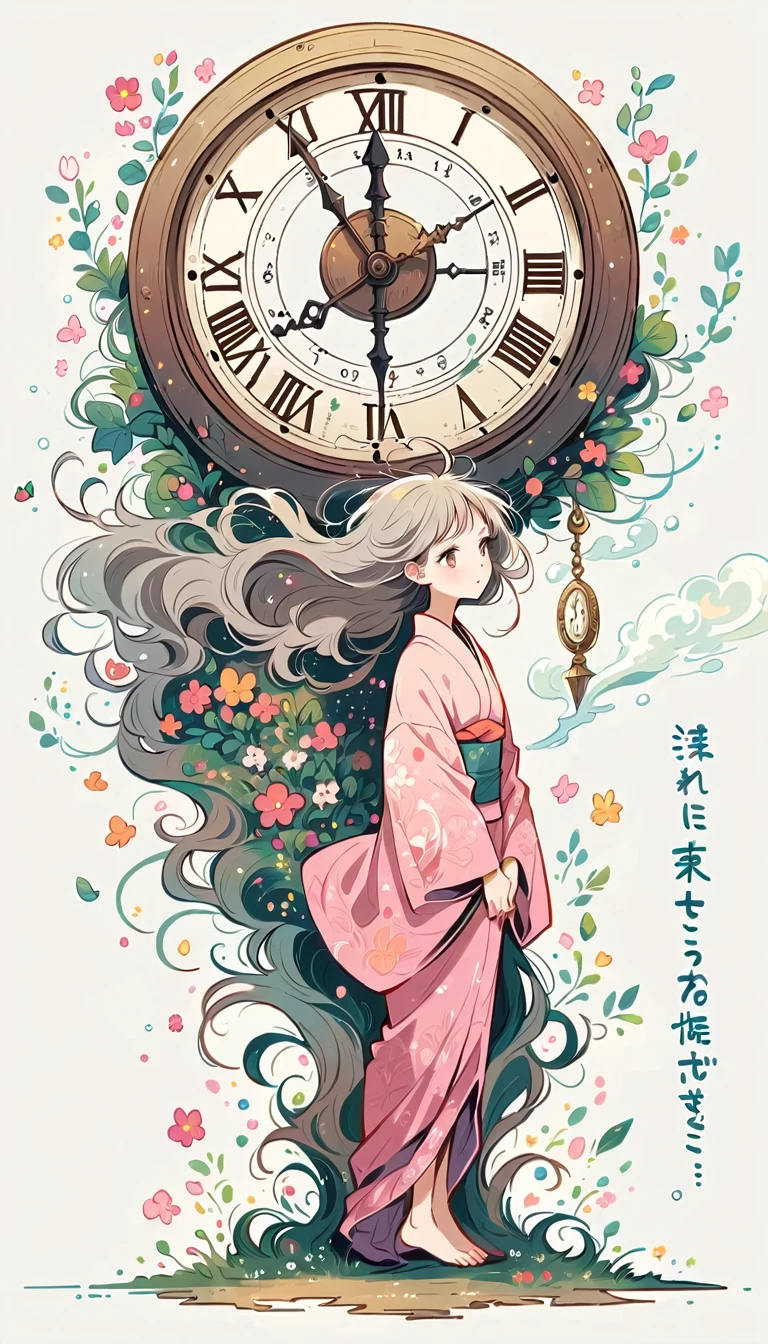 white background, Fujichoco style, pink kimono, (((The Most Beautiful Girl))),  gray hair, ((giant clock)), simple background, full body, Simple line initialism, 
