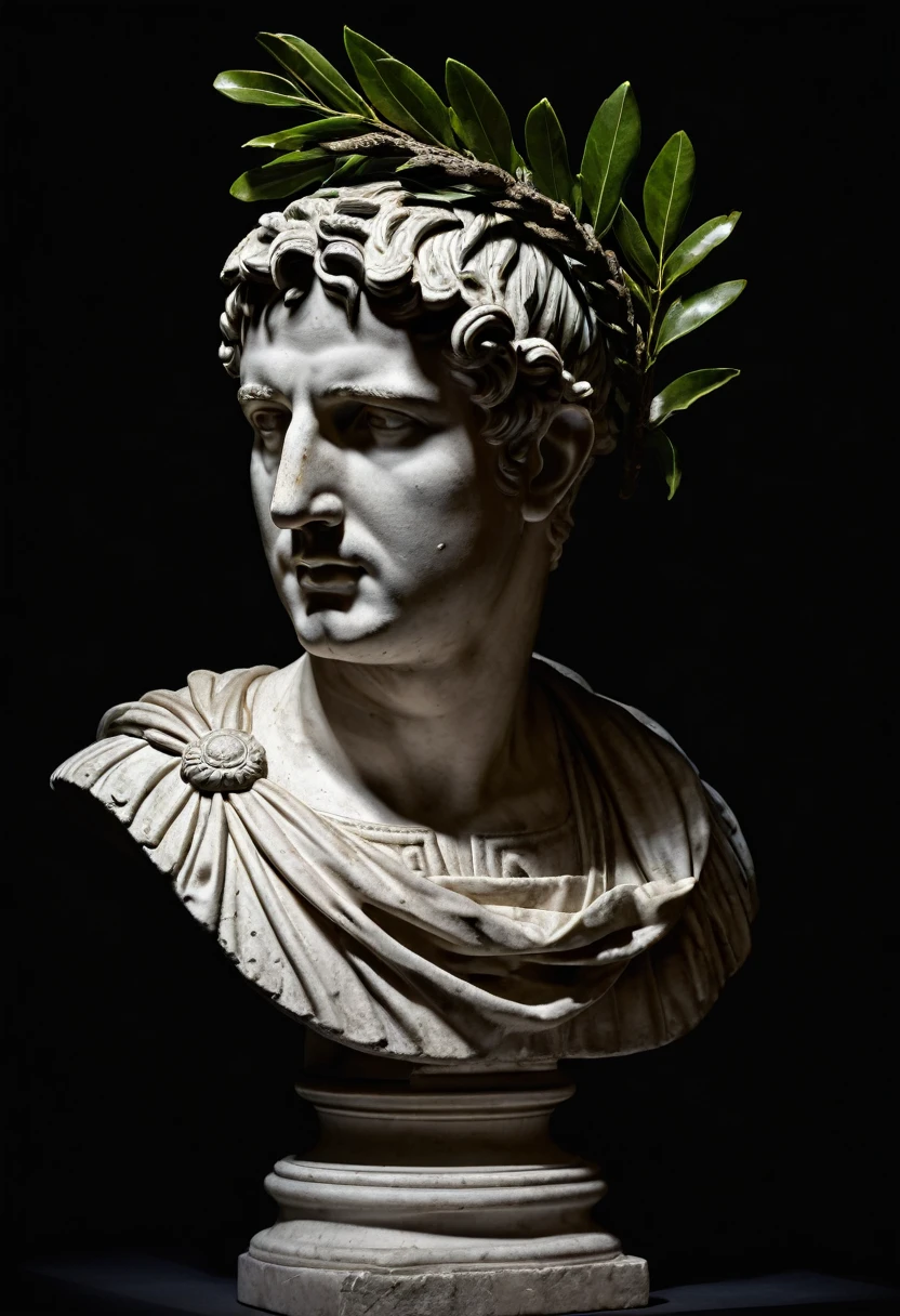 Side view of a roman bust with a Laurel Wreath on top of it's head, hightlighted with a spotlight and dark background