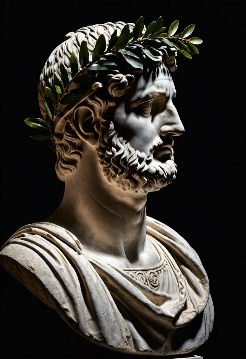 Side view of a roman bust with a Laurel Wreath on top of it's head, hightlighted with a spotlight and dark background