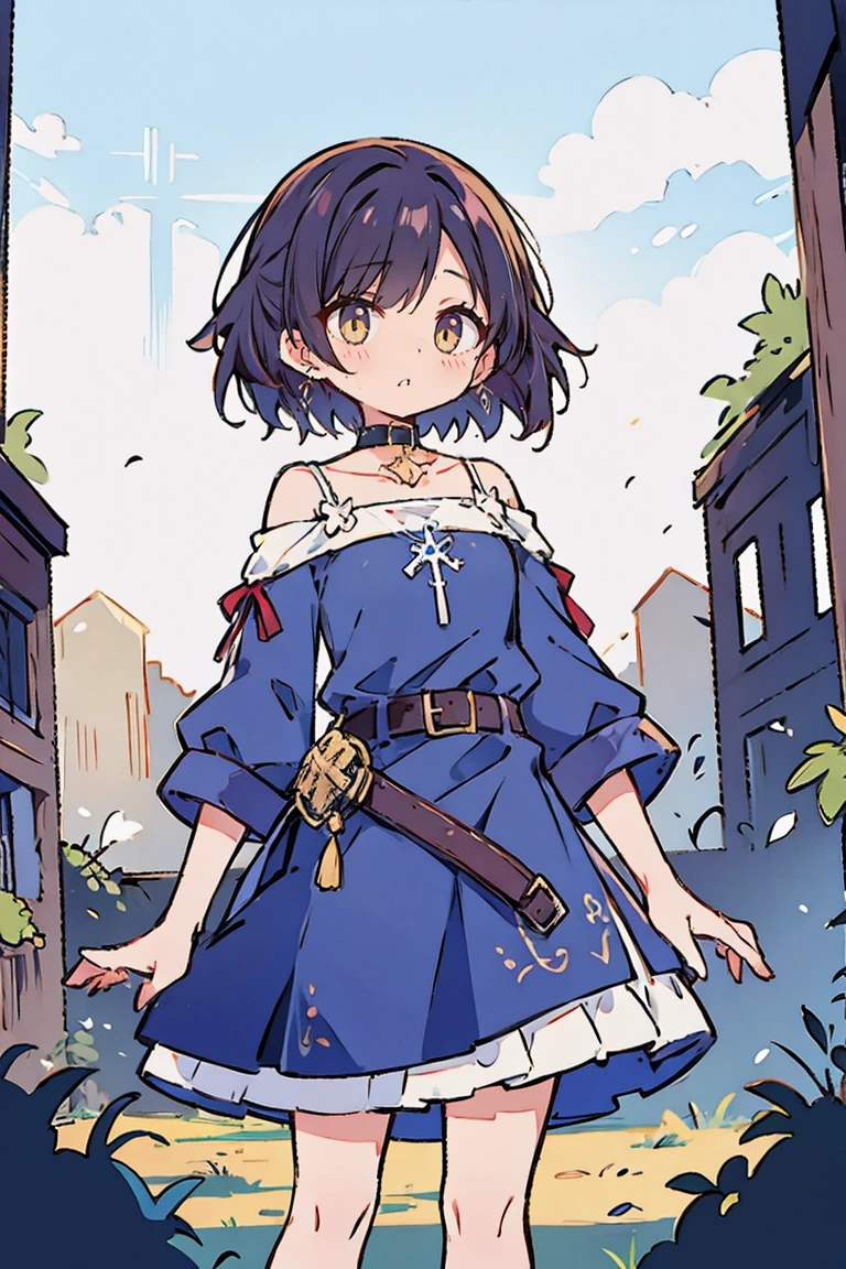 Hui Xiyi, Rekkyo Sensen, fantasy world, ruins, fort, beautiful sky, shining sky, sunshine, medium hair, camisole, belt, blue clothes, cross, choker, collar, collarbone, wind blowing dress, lace dress, off-shoulder sleeves, white tights, short sleeves