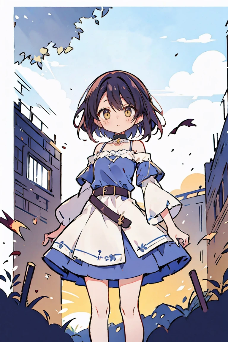 Hui Xiyi, Rekkyo Sensen, fantasy world, ruins, fort, beautiful sky, shining sky, sunshine, medium hair, camisole, belt, blue clothes, cross, choker, collar, collarbone, wind blowing dress, lace dress, off-shoulder sleeves, white tights, short sleeves