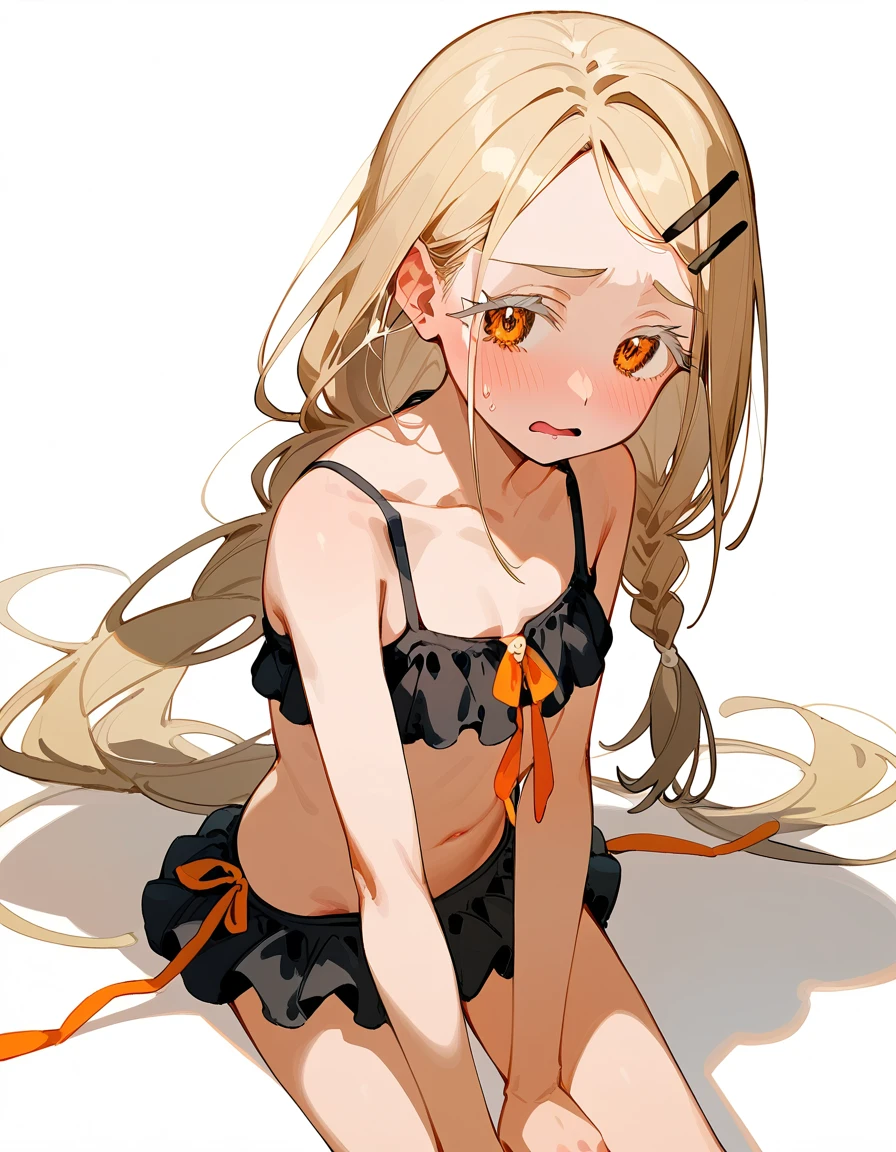 Highest quality, masterpiece, No correction, Beark 1 dhibi girl,shinosawa hiro,thin,Orange eyes,White eyelashes,Blonde,Long Hair,Hair Clip,flat chest,white background,frilled bikini,flower bikini,black bikini,sitting,chestnut mouth,embarrassed,braided ponytail
