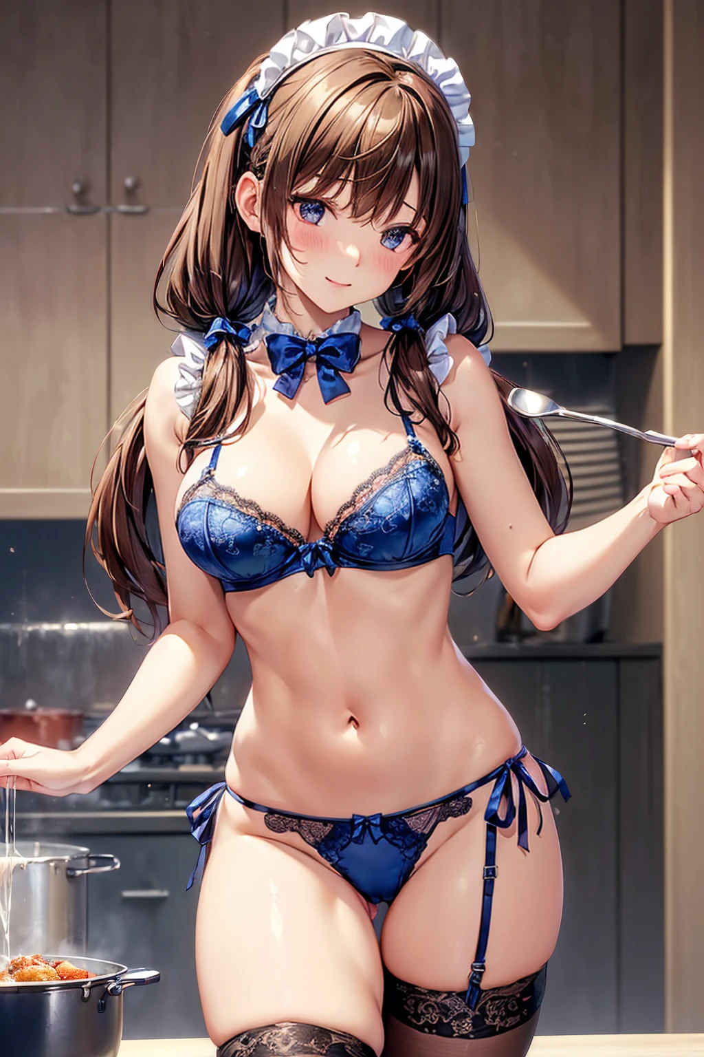 (((masterpiece, Highest quality, High resolution, 超High resolution, Perfect Pixel, Depth of written boundary, 4K, RTTX 10.0))), Beautiful Anime Woman, Beautiful art style, Anime characters, ((Smooth texture, Realistic texture, Anime CG Style)), Exact finger count、Exact number of legs、(Exact number of arms:1.0, Exact number of hands:1.0), (Perfect hands, Perfect Anatomy), Cinematic, Realistic, Extremely detailed CG, Daytime lighting, Perfect lighting, Best Shadow, The best natural light, whole body, Perfect body, バランのとれたPerfect body, Perfectly balanced style, Slender body, ((Long Hair, bangs, Reddish brown hair, Twin tails)), ((A cute woman is cooking:1.8)), (pussy juice:1.5), ((Bow tie around neck, High heels:1.3), (Sexy and cute blue underwear:1.3), (Stylish shiny blue satin panties, Side-tie panties, Panties with plain blue center and lace decoration on the sides:1.3), (Thin panties:1.3), (Blue micro lace satin bra, Blue bra with lace trim, Thin bra:1.3), (garter belt, Black knee socks:1.3):1.3), (Beautiful big , Cleavage:1.1), (Embarrassed expression:1.7), blush, (Stylish kitchen, In the middle of cooking, Dishes lined up in the kitchen:1.5), naked, In underwear, Waitress in underwear, (Frilly maid-like headband:1.2), Angle from the front