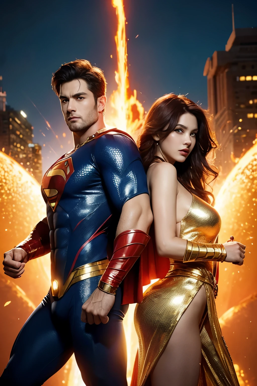 A highly detailed and vibrant digital illustration featuring full body two superhero characters. Hyperdetailed face and super realistic eyes. Full body two superheroes, a handsome man and a pretty woman, looking the camera, with glowing orange light and fire behind them. The man is dressed in a gold and blue costume with a golden shoulder armor, while the woman wears a golden tiara and a red top with a flowing dark blue hair. They standing on super tank and near a Army helicopter. Masterpiece, close up, super sharp, super detailed, UHD, 28K